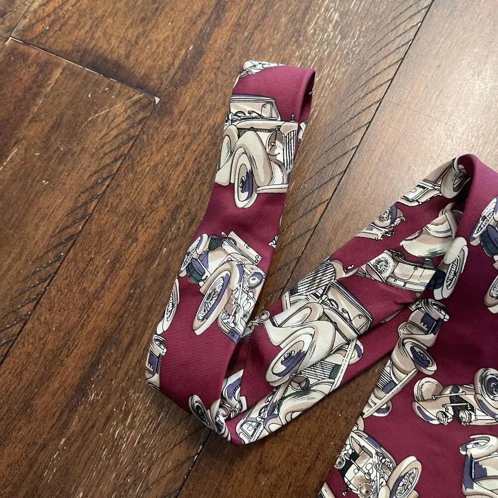Christian Dior Tie Mens One Size Red Silk Classic Car Print Made USA Necktie